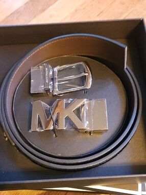 Michael Kors Black Leather Reversible Belt with Silver MK Buckle